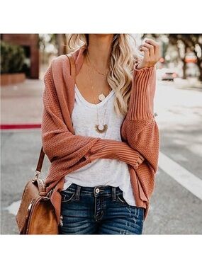GOODNIGHT MACAROON knit Open Front Tunic sweater Cardigan Sz S Salmon Peach